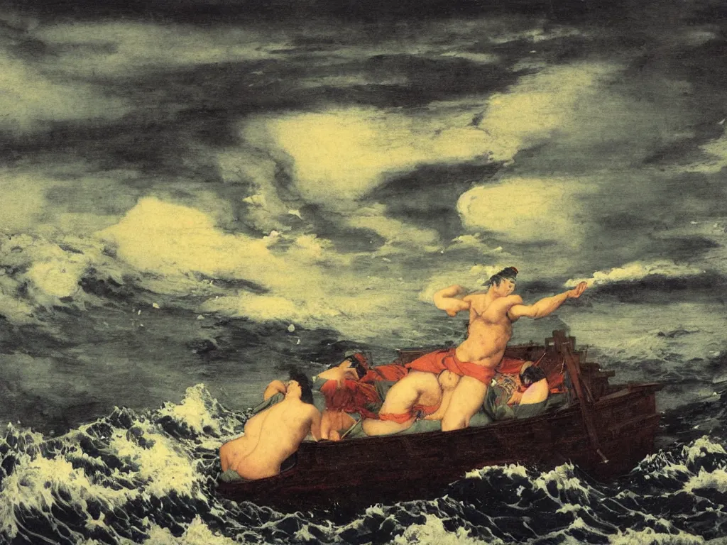 Image similar to a storm that falls on ulysses alone on a boat in the sea, orientalism, ukiyo - e, arnold bocklin, loneliness, trending on artstation,