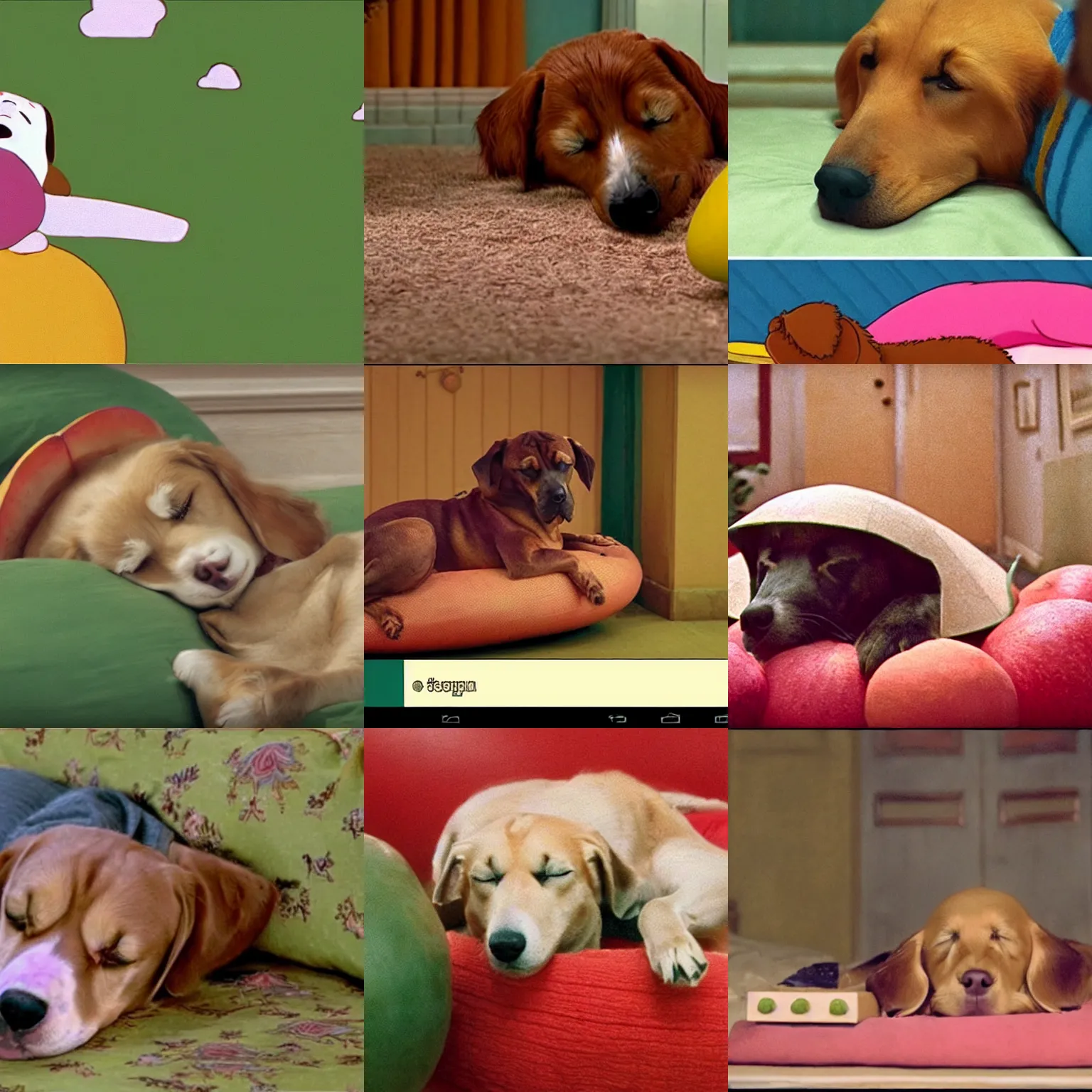 Prompt: dog sleeping on giant fruit, screenshot from wes anderson movie, steven universe