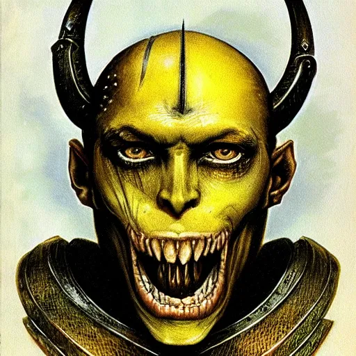 Image similar to ( ( ( head and shoulders portrait of a gaunt noseless yellow - skinned bald githyanki warrior in a breastplate, wielding a magical silver greatsword ) ) ), hr giger, d & d, fantasy, medieval