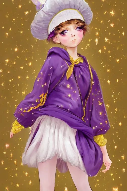 Image similar to Full View fairy maiden with short blond hair wearing an oversized purple Beret, Baggy Purple overall shorts, Short Puffy pants made of silk, silk shoes, a big billowy scarf, Golden Ribbon, and white leggings Covered in stars. covered in embroidery. Short Hair. peasant magic. masterpiece 4k digital illustration by Ruan Jia and Mandy Jurgens and Artgerm and william-adolphe bouguereau, award winning, Artstation, art nouveau aesthetic, Alphonse Mucha background, intricate details, realistic, panoramic view, Hyperdetailed, 8k resolution, intricate art nouveau