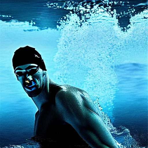 Image similar to michael phelps swimming in the pacific ocean, closeup, portrait, moonlit, dark, ominous, illustration, volumetric light, highly detailed