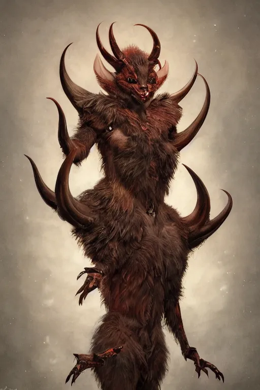 Image similar to a full body portrait of a devil myth fauna creature by illustrated by miyazaki by karol bak, james jean, tom bagshaw, rococo, sharp focus,, animal, creature design trending on artstation, cinematic lighting, hyper realism, octane render, 8 k, hyper detailed, vivid, ultra detailed, highly detailed