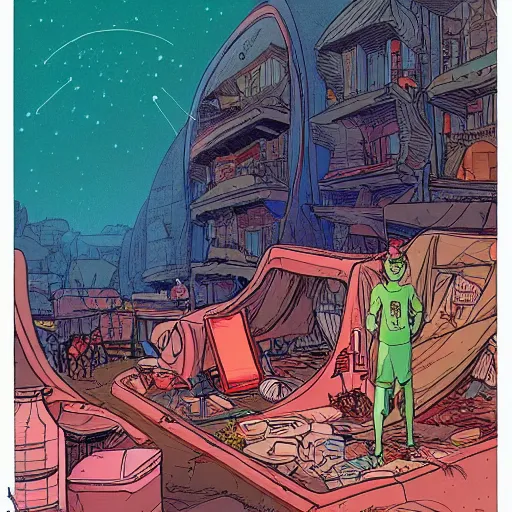 Prompt: an illustrated portrait of a person living is a small slum town on an alien world. science fiction art. colourful junk. moebius. very clean illustration