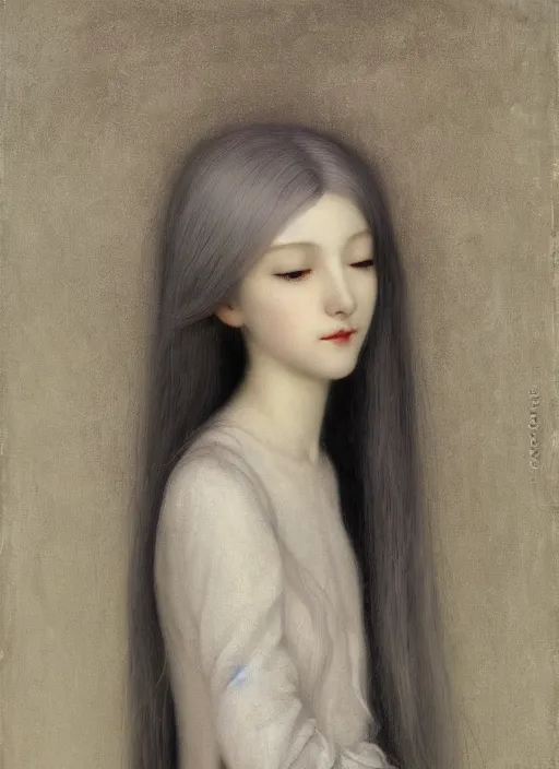 Prompt: tall thin young wan beautiful angel, silver hair so long, pale!, long silver hair, silver angel wings, wan adorable korean face, silver hair!!, style of fernand khnopff and lucien levy - dhurmer, oil on canvas, 4 k resolution, aesthetic!,