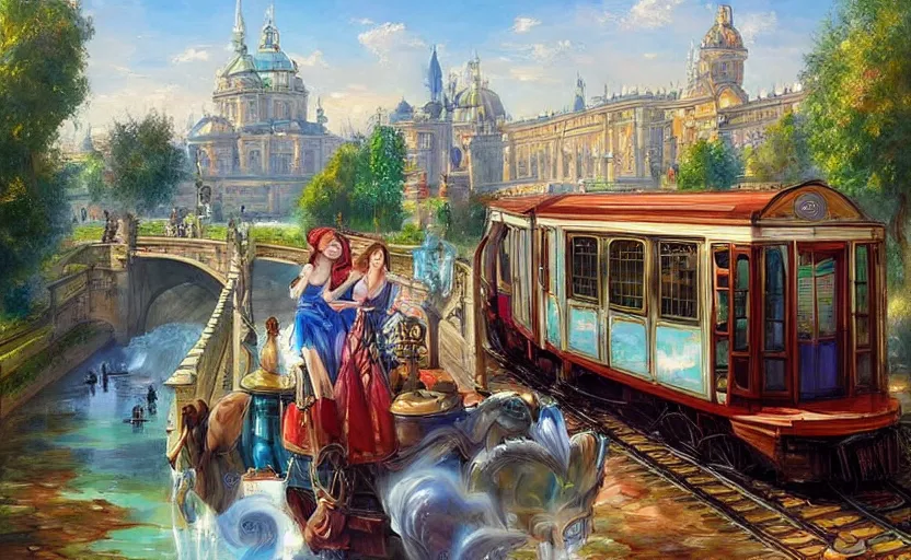 Prompt: Beautiful alchemy urban train that rides inside of a waterway on a fantasy city, next to a fountain and a mystical palace. By Konstantin Razumov, highly detailded