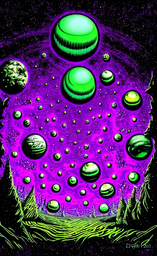 Image similar to trippy psychedelic aliens in space above a planet with a forest by david normal