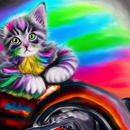 Image similar to wide angle full body, of a fluffy cute rainbow kitten wearing a black leather motorcycle jacket, concept art