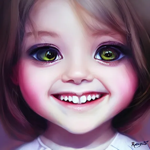 Prompt: Portrait of a beautiful little girl smiling with big eyes, as excited as the first time she ate sugar ,artwork by Ross Tran