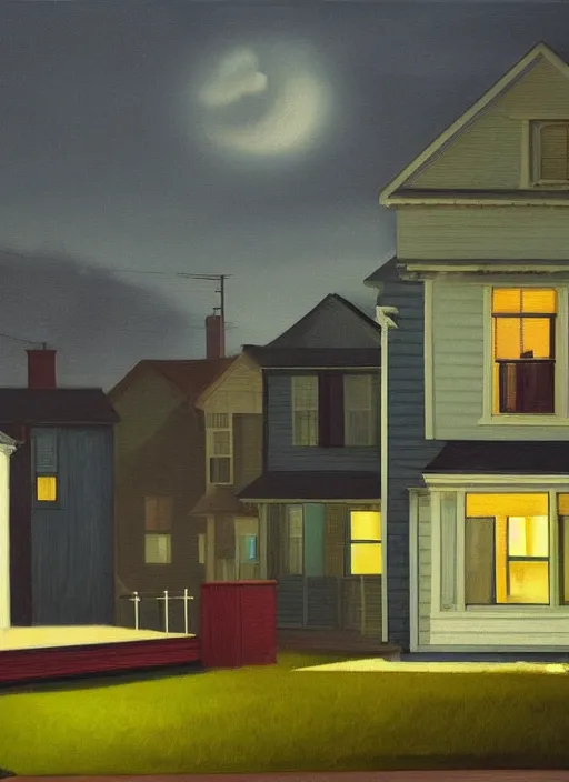 Image similar to small suburban houses in America at night by Edward Hopper, fantasy, moody lighting, dark mood, imagination, nighthawks, cinematic