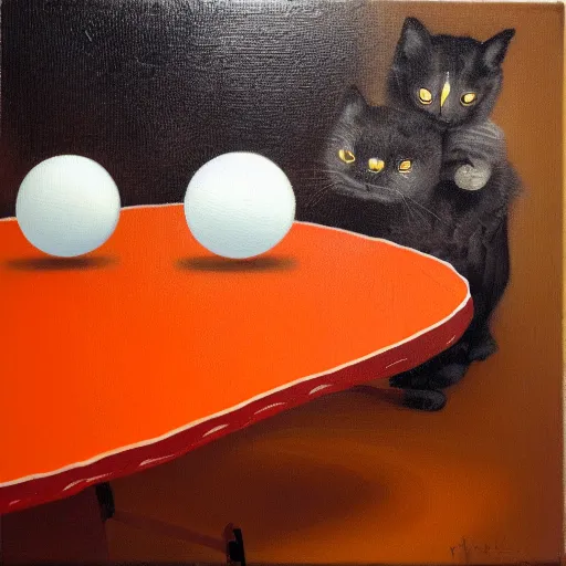 Image similar to Due gatti giocano a ping-pong su sfondo arancione, oil painting