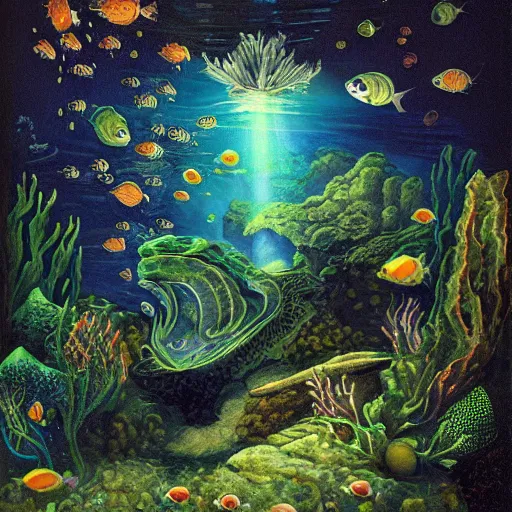 Image similar to underwater abyss, sea creatures, depths, green atmosphere, darkness, fish, by asher brown durand, by iyoshitaka amano