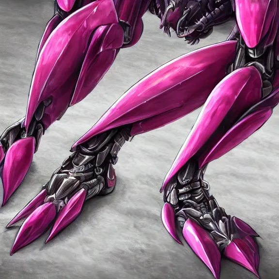 Image similar to very close up foot shot, hyperdetailed elegant beautiful stunning anthropomorphic mecha female dragon showing exquisite sharp dragon soles close to camera, laying on sand, detailed foot shot, sharp claws, sharp silver armor, fuchsia skin, dragon art, warframe destiny fanart, paw art, furry paws, furaffinity, deviantart, octane, ekasportal