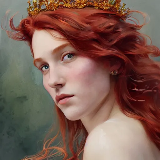 Image similar to beautiful watercolor painting of a young red hair woman wearing a crown of long golden fish, intricate, elegant, highly detailed, digital painting, artstation, concept art, smooth, sharp focus, art by krenz cushart and artem demura and alphonse mucha, dynamic lighting, ultrarealistic, cinematic, octane render, 8 k