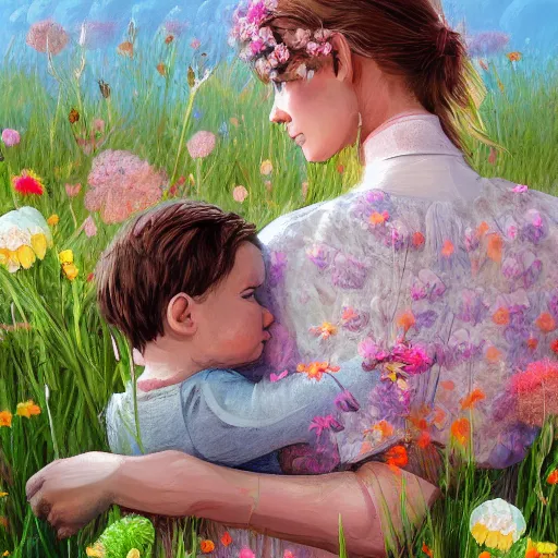 Prompt: A mother and child in a field of flowers, serene, digital painting, artstation, close up, details, sharp focus, illustration, By Ross draws
