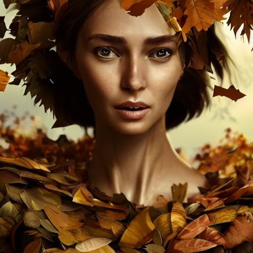 Image similar to a highly detailed digital image of a futuristic woman elegantly wrapped with leaves, by Andrea Chiampo, artstation and Frederik Heyman, extremely detailed woman, stunning volumetric lighting, hyper realism, fantasy 4k