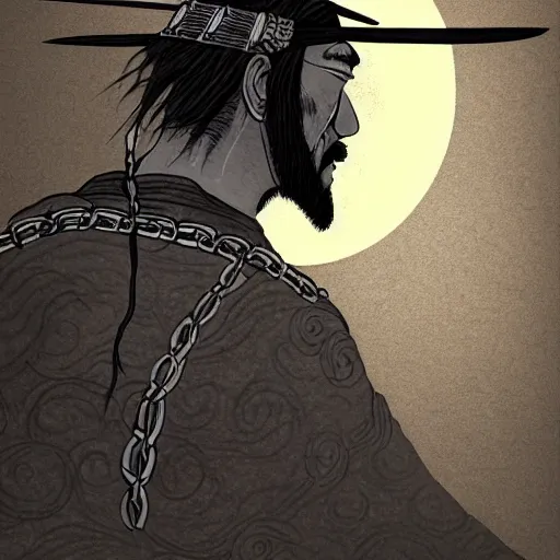 Image similar to a portrait from behind of a samurai man vagabond with a moon behind him, the samurai is wrapped in chains, detailed, illustration, concept art, ink style, sketch