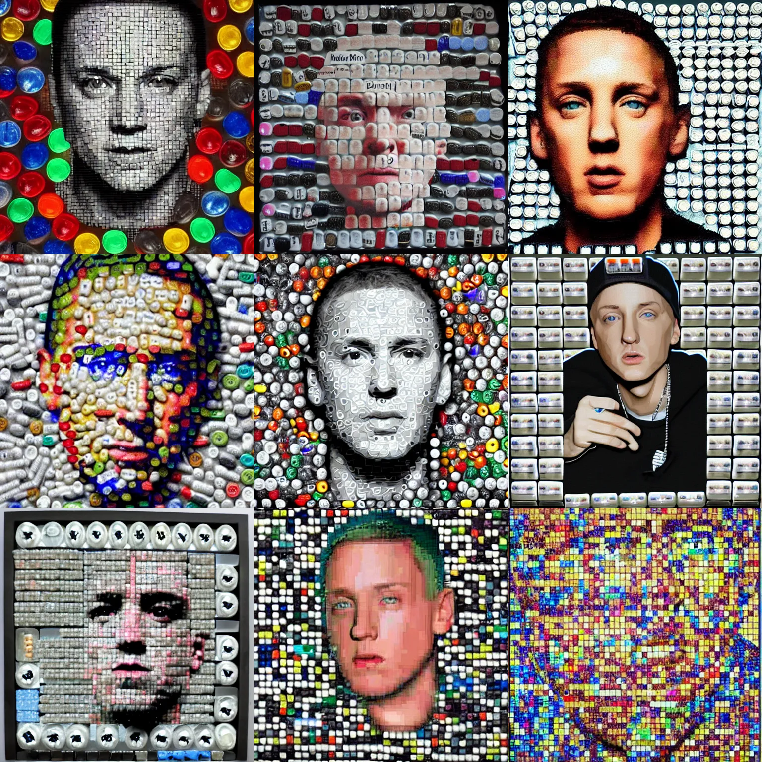 Prompt: mosaic of eminem made of pills, high quality