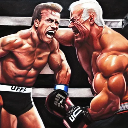 Image similar to Arnold Schwarzenegger and Sylvester Stallone in an UFC fight in octagon, artstation hall of fame gallery, editors choice, #1 digital painting of all time, most beautiful image ever created, emotionally evocative, greatest art ever made, lifetime achievement magnum opus masterpiece, the most amazing breathtaking image with the deepest message ever painted, a thing of beauty beyond imagination or words, 4k, highly detailed, cinematic lighting