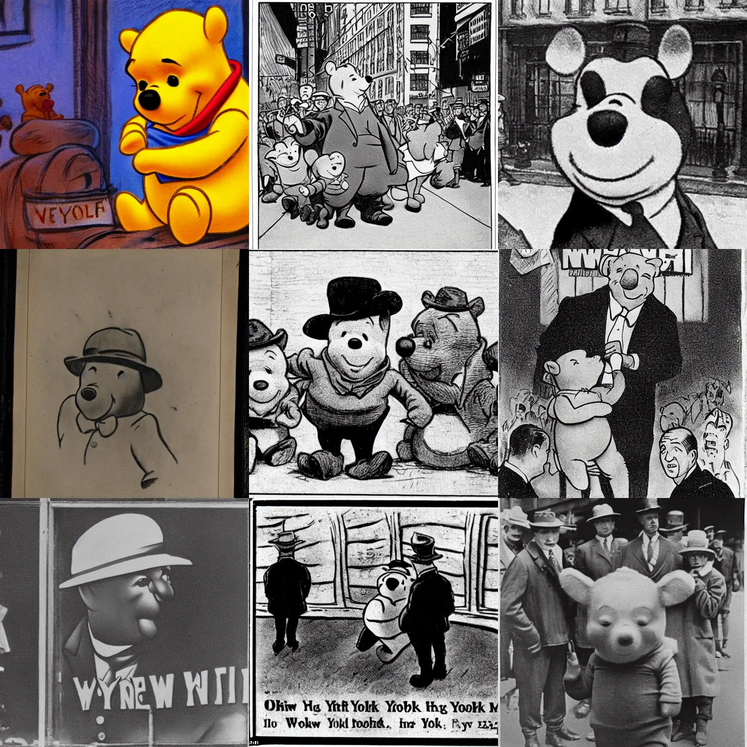 Prompt: Winnie the Pooh as head of a mob boss in 1913, New York, realistic