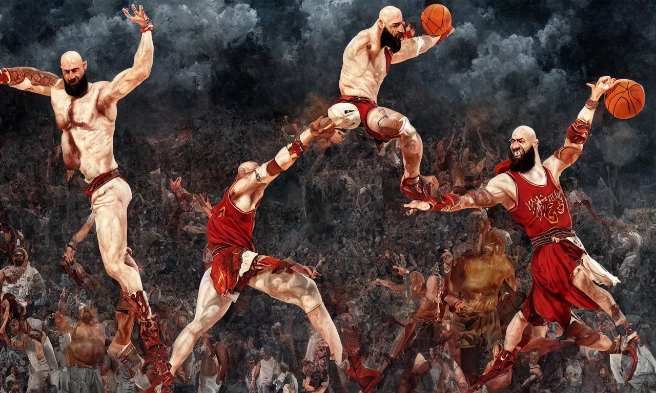 Image similar to a detailed digital painting rendition of kratos as lebron james throwing basketballs, art by norman rockwell