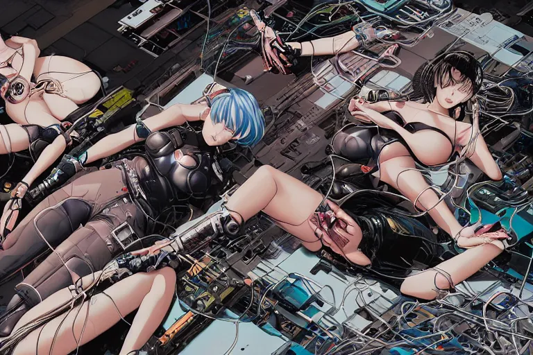 Image similar to a cyberpunk illustration of a group of female androids in style of hajime sorayama, lying on an abstract, empty, white floor with their body parts scattered around and cables and wires coming out, by katsuhiro otomo and masamune shirow, hyper-detailed, intricate, colorful, view from above, wide angle, close up, beautiful