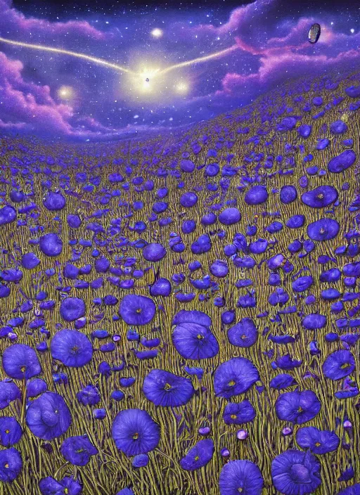 Image similar to detailed, intricate blue black and purple papaverum flower on the field, nebula, galaxy in the sky, winning award masterpiece, fantastically beautiful, illustration, aestheticly inspired, jacek yerka, upscale with anguissola sofonisba work, artstation, 8 k