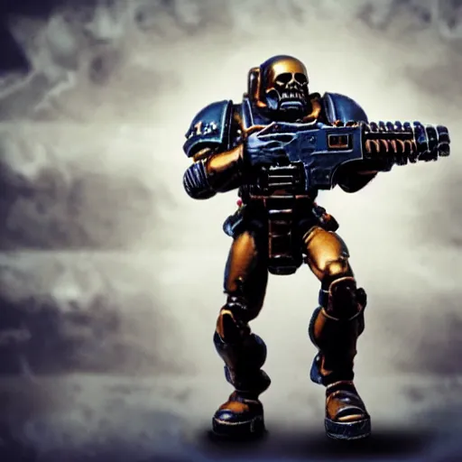 Prompt: a single human marine soldier full body with normal anatomy Warhammer 40k, wearing a small space marine skull helmet, wearing a full suit of symmetrical black space marine armor plating, golden skulls decorating armor, walking, holding arm up and aiming a bolt pistol, battlefield scene with smoke, seamless, grunge aesthetic