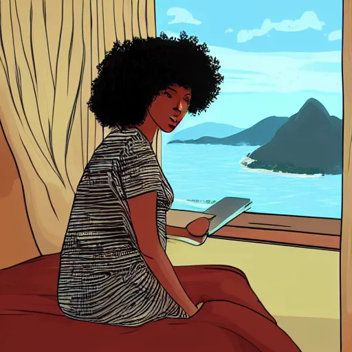 Image similar to black girl, curly hair, with headphones, studyng in bedroom, window with rio de janeiro view, lo-fi illustration style, digital art, alive colors