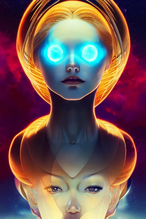 Image similar to a golden woman 2/3 figurative anime portrait, in space, head breaking apart and spiraling geometry into the sky upwards into another dimension, lazer light beaming down to top of her head, by james jean, artgerm, featured in artstation, elegant, Moebius, Greg rutkowski