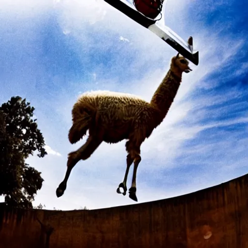 Image similar to film still of a llama in a jersey dunking a basketball like michael jordan, low angle, show from below, tilted frame, 3 5 °, dutch angle, extreme long shot, high detail, indoors, dramatic backlighting