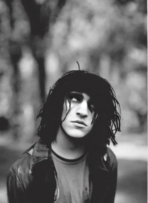 Prompt: high school year book photo of the crow as an awkward teenager, film shot, portrait photography, soft lighting, soft focus, ironic, 1 9 8 0's, 2 4 mm iso 8 0 0