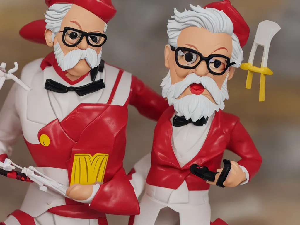 Image similar to A McDonald's happy meal toy of Colonel Sanders from KFC fighting Cyborg Ninjas, 4k, highly detailed. award winning. look at all that detail!