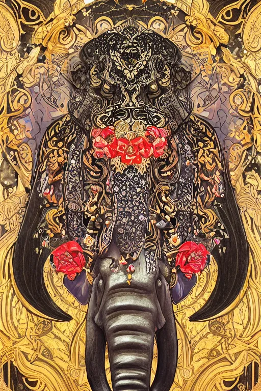 Image similar to Painted dark-wood panel relief carving of a close up of a Flowerpunk Matriarch Elephant, ornate border frame, explosion of colorful flowers, dark wood, intricately carved, black ink, festival of rich colors, intricate details, cinematic lighting, volumetric lighting, post-processing, art nouveau, tarot, fractal art, mandala, by andreas rocha and john howe, and Martin Johnson Heade, featured on artstation, featured on behance, golden ratio, hyper detailed, photorealistic, epic composition, center spotlight, f32, well composed, symmetrical, UE5, 8k