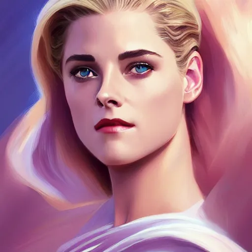 Prompt: A combination of Grace Kelly's and Kristen Stewart's and Ashley Greene's faces as She-Ra, western, D&D, fantasy, intricate, elegant, highly detailed, digital painting, artstation, concept art, matte, sharp focus, illustration, art by Artgerm and Greg Rutkowski and Alphonse Mucha