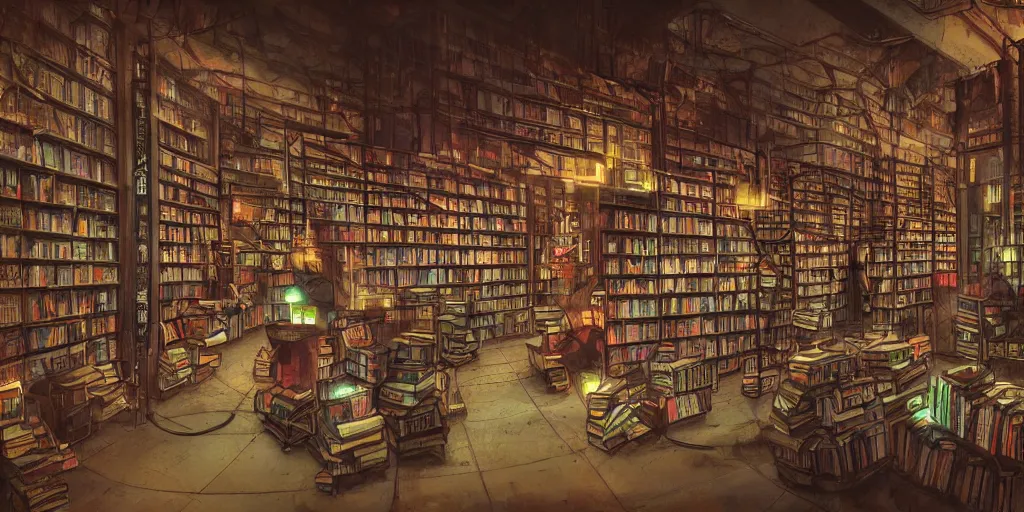 Prompt: cinematic shot of the interior of an old bookstore full of books, dystopian future, neon lights, sci - fi, night lights, haze, concept art, intricate, in the style of katsuhiro otomo, akira, unreal engine