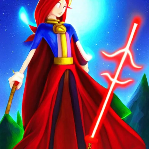 Image similar to red headed woman dressed in dark blue wizard robes holding a wooden staff covered in glowing red runes topped with a glowing gem. sonic the hedgehog stands beside her background of snowy mountains. fantasy painting.