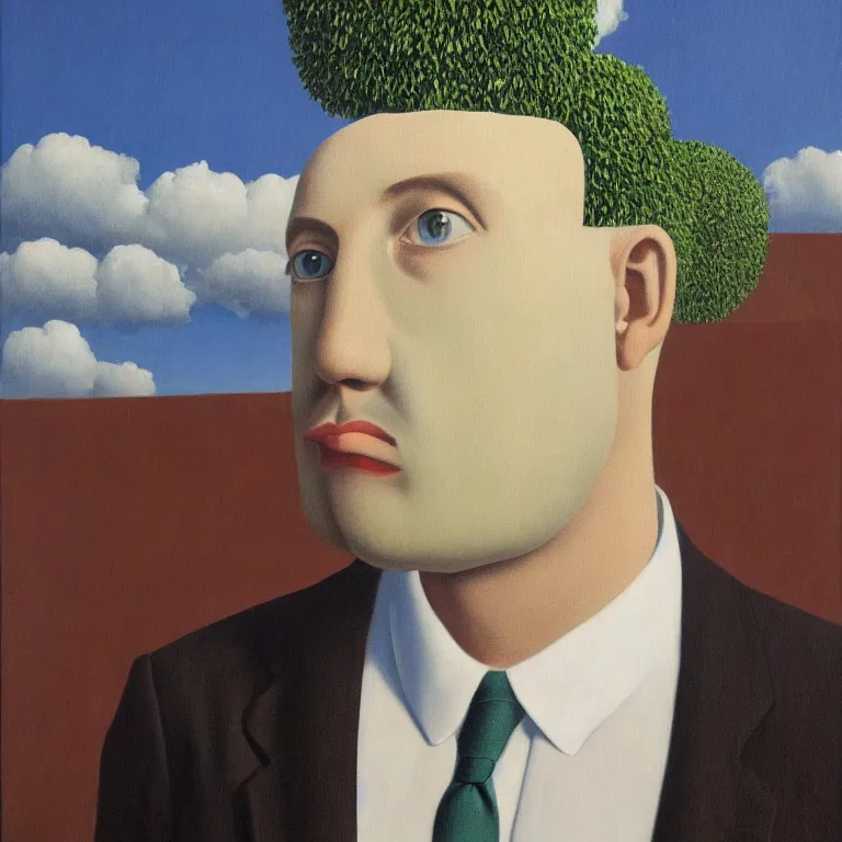 Image similar to portrait of a faceless beautiful flower - head man in a suit, clouds in the background, by rene magritte, detailed painting, distance, middle centered, hd, hq, high resolution, high detail, 4 k, 8 k