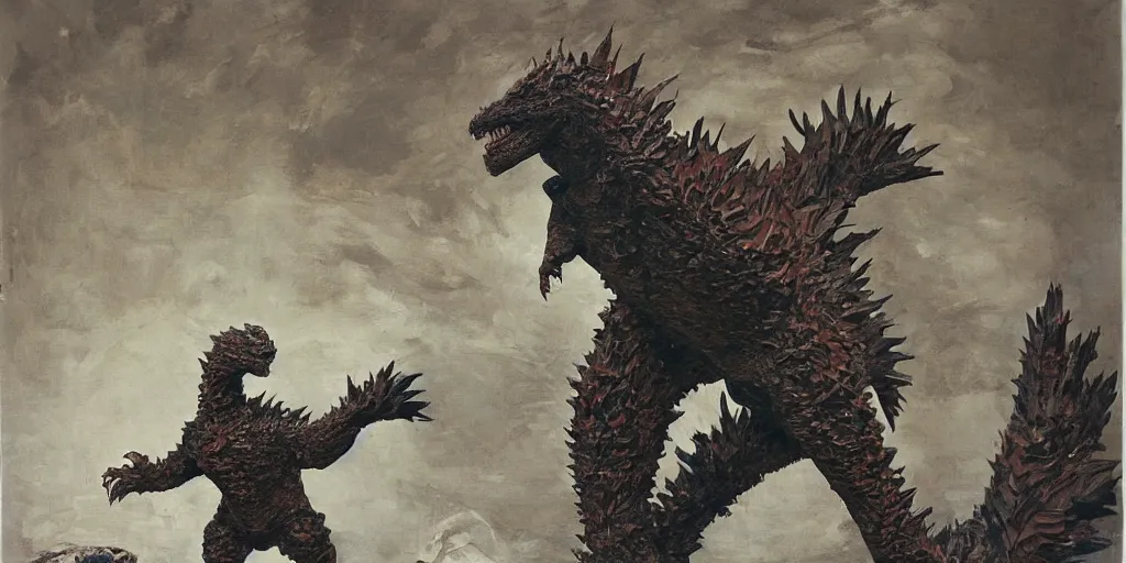 Image similar to paper mache godzilla breaking out of the artists studio, j. c. leyendecker, akira kurosawa