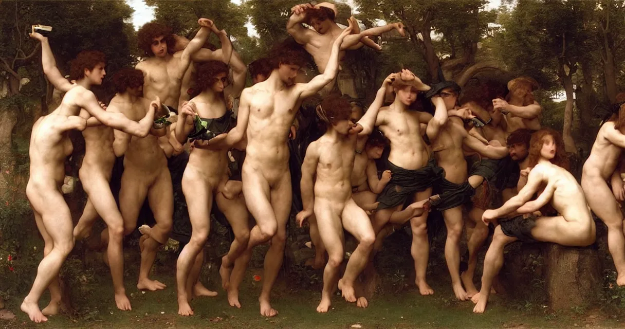 Image similar to large group of pre-Raphaelite muscular athletic male gamers wearing headsets!!!!! holding laptops!!!! playstation!!! x-box! and PC by Bouguereau and raphael