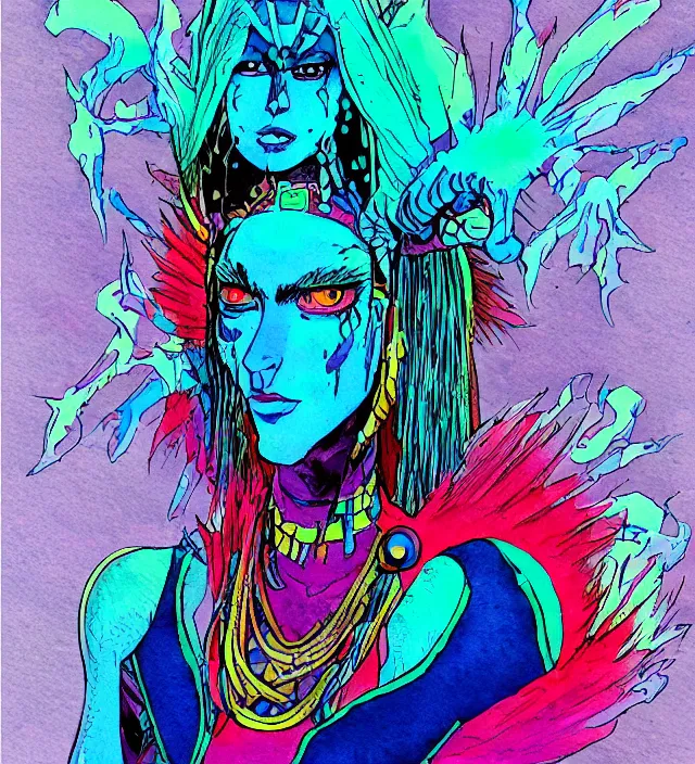 Image similar to a watercolor ink painting of female aztecian punk / raver using her mutant electrical powers in the style of jean giraud in the style of moebius trending on artstation deviantart pinterest detailed realistic hd 8 k high resolution