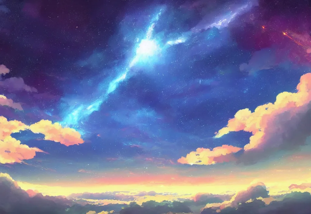 Image similar to breathtaking digital painting of the sky of kimi no na wa, by celestialfang, ghibli, pastel colors and shooting star in northern light love, lovers under skies