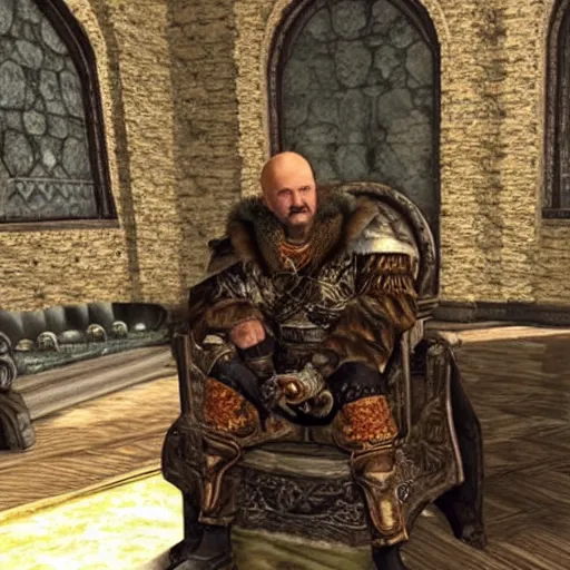 Image similar to Alexander Lukashenko as a Jarl in The Elder Scrolls V: Skyrim sitting on his throne in a relaxed rude pose