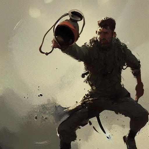 Image similar to man throwing hand grenade, greg rutkowski art