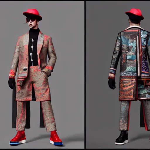 Prompt: a man festival outfit designed by prada, bold, colorful, mid view, very detailed render, very realistic render, elegant render, rendered in unreal engine and cryengine