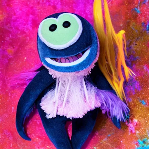 Prompt: a marketable plush muppet of a goth mantaray, in the style of muppets, lighting and character design from spongebob the musical on broadway, real, photograph, cinematic