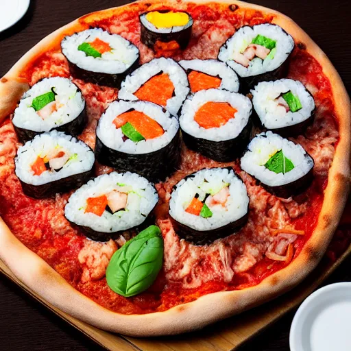Prompt: a pizza with sushi on it, photograph, 8 k resolution, food photography