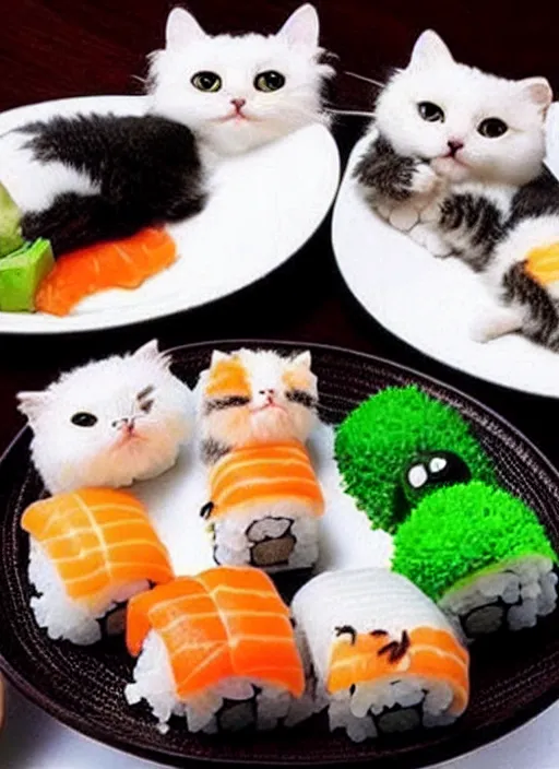 Image similar to clear photorealistic picture of adorable cats made out of sushi