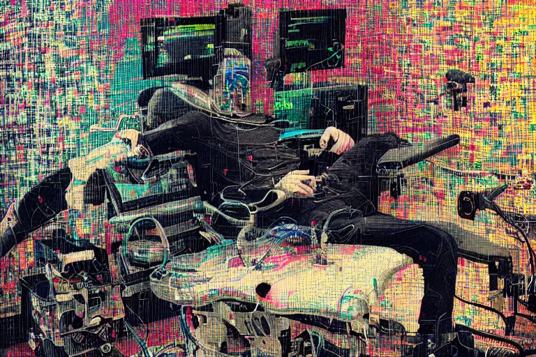 Prompt: man laying on a dentist's chair connected to a machine in a room filled with computer cables and organic material by nikita panin and din burns and phosphor, glitch art, large patches of colors, high contrast, intricate, hyper detailed