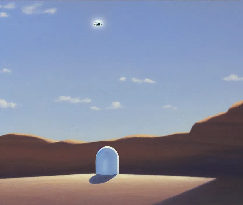 Prompt: a very detailed painting of a ufo, baby blue sky, in the style of edward hopper and hugo pondz, very fine brushstrokes, 4 k,