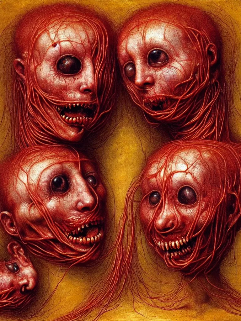 Image similar to siamese twins made of spaghetti and tomato sauce, looking straight into camera, screaming in agony, by giuseppe arcimboldo and ambrosius benson and beksinski, renaissance, intricate and intense oil paint, a touch of hr giger and edward munch, realistic